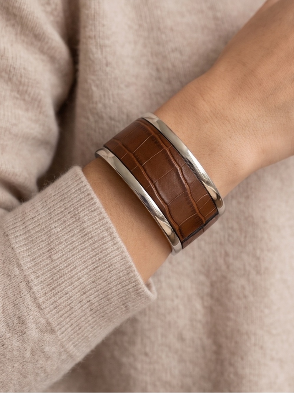 Silver-Toned Wide Cuff Clamper Bracelet with Brown Croc-Embossed Leather 8-1/2”